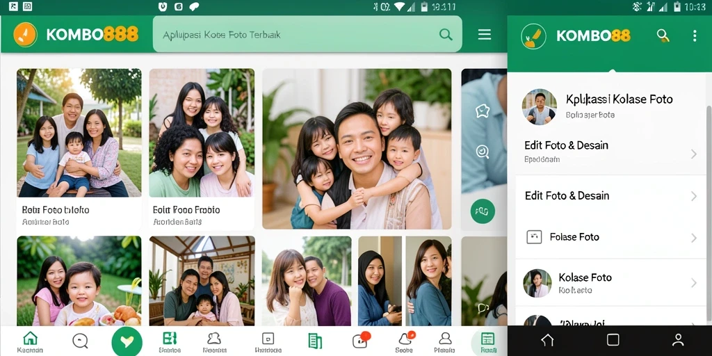 Screenshot utama menunjukan antarmuka <strong>KOMBO88</strong> dengan fitur kolase foto yang menarik.