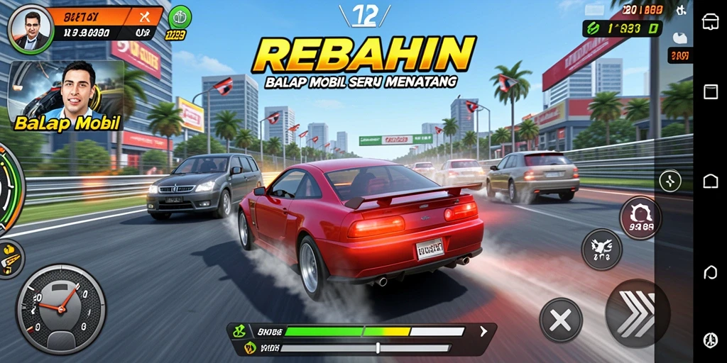 Tampilan screenshot utama REBAHIN dengan mobil balap yang siap melaju.